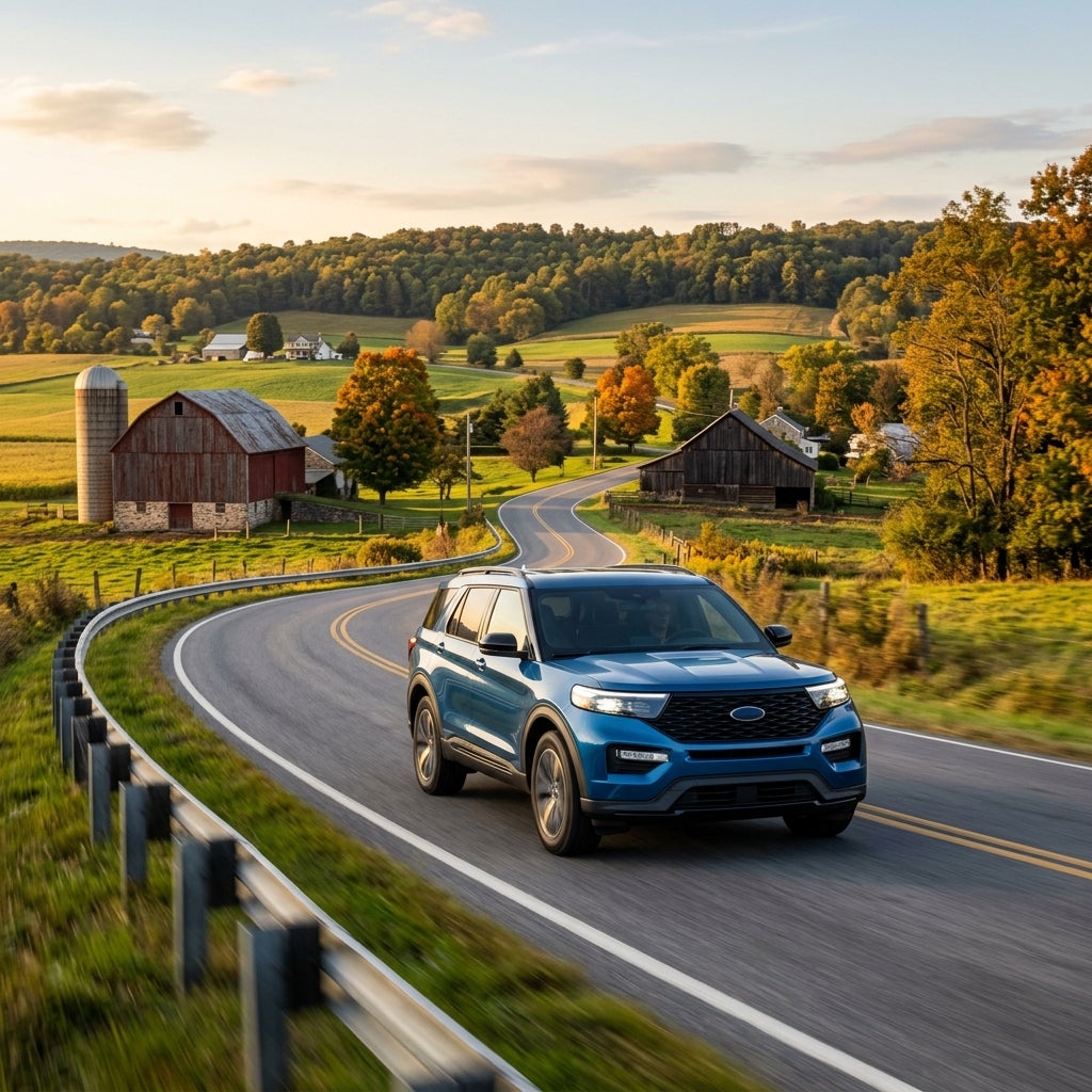 A blue Ford SUV driving along a winding rural road past a red barn and autumn trees. (Representative image for illustration purposes only. Actual vehicle may vary based on trim and configuration.)